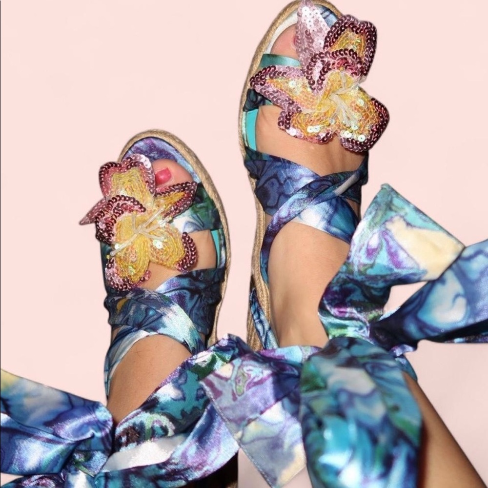 BCBG Generation multicolored wrap wedges with sequin flower.